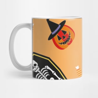 Halloween Pattern with ghost, hat , Human skeleton , owl, bat , candy, pumpkin ,Crows illustrations Mug